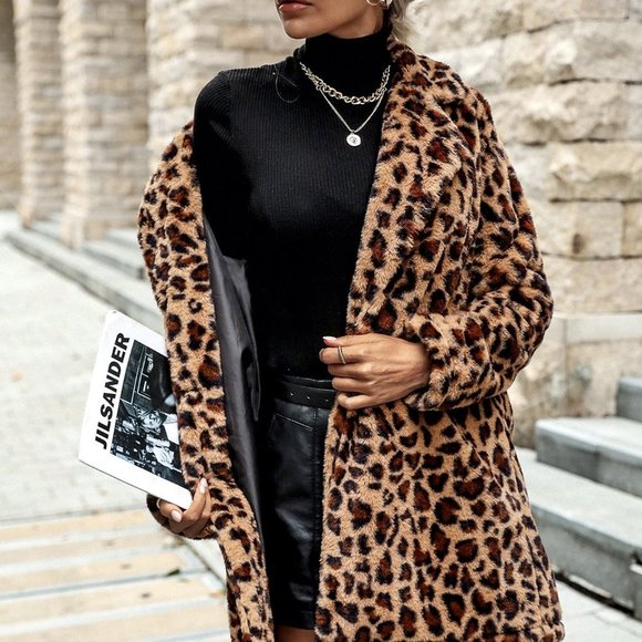 Multicolor Preppy Womens Leopard Print Open Front Fuzzy Coat - Picture 5 of 6